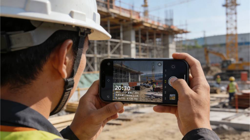 工程施工现场使用水印相机拍照记录进度，包含时间地点水印信息