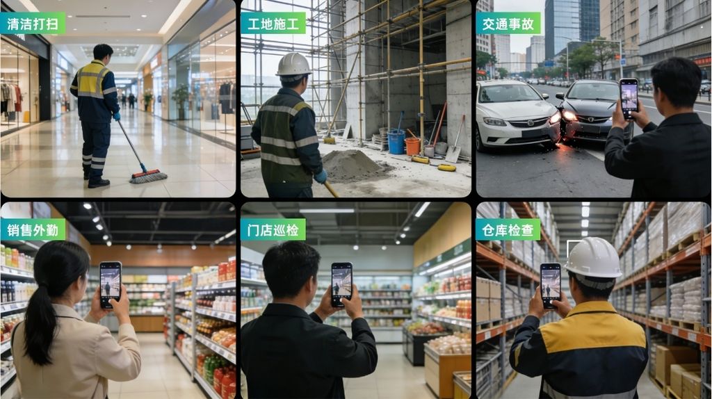 水印相机多场景应用示意图，包括巡检拍照、外勤打卡、工程记录和仓库检查
