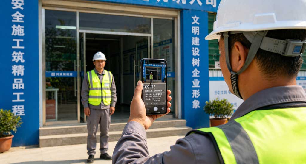 员工使用水印相机进行考勤打卡，带时间地点水印