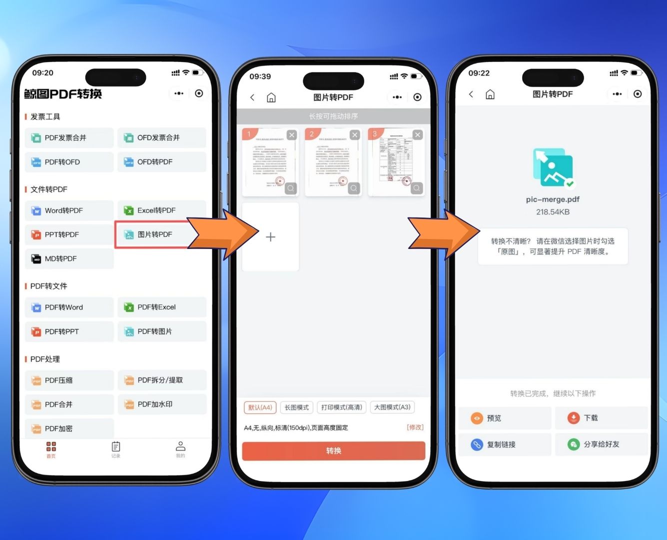 小程序图片转PDF选择图片排序和生成结果流程