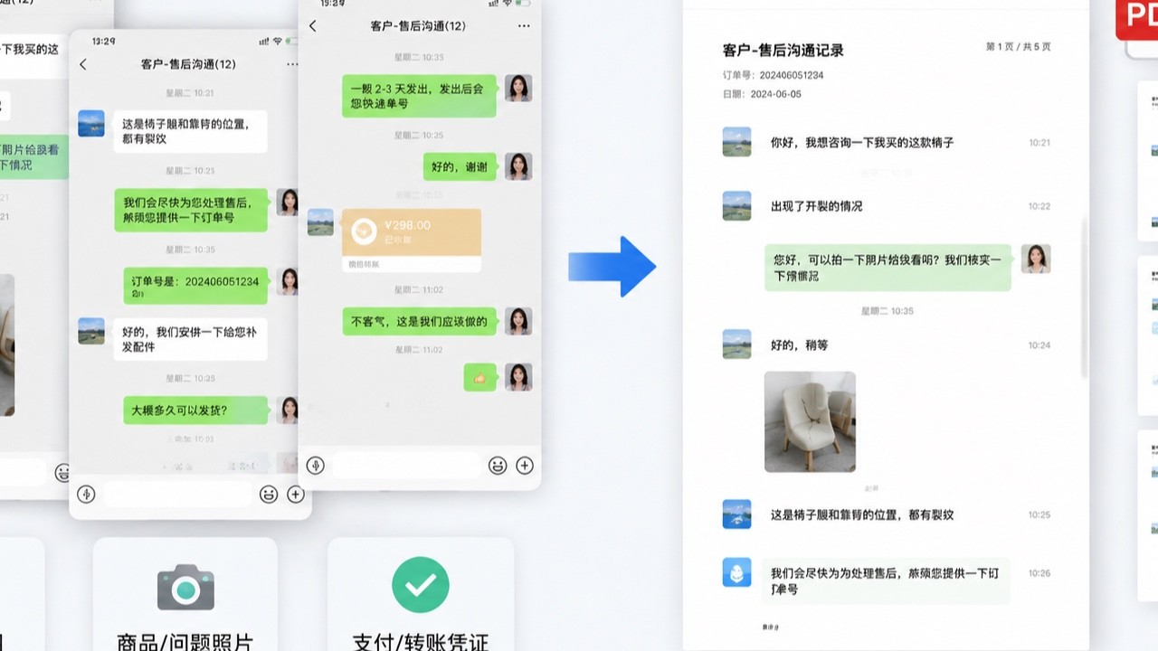 聊天记录、支付截图和图片资料合并为PDF的效果示例