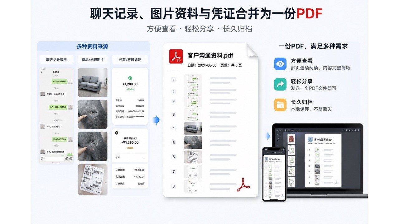 聊天记录和相关图片转换为连续多页PDF的效果展示